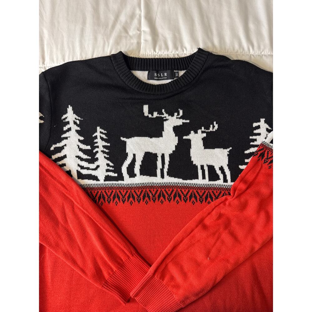 SSLR Men’s Red Black Reindeer Christmas Sweater Size M Winter Knit Pullover